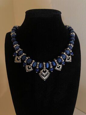 Vintage Avon Blue Beaded Statement Necklace Ornate Geometric Adjustable